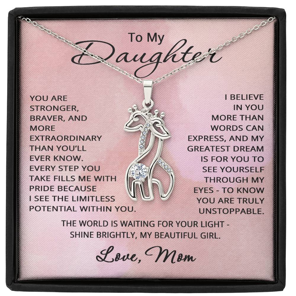 To My Daughter Necklace from Mom Daughter Gift for Christmas Birthday Giraffe Pendant Jewelry Stronger Braver