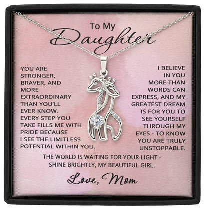 To My Daughter Necklace from Mom Daughter Gift for Christmas Birthday Giraffe Pendant Jewelry Stronger Braver