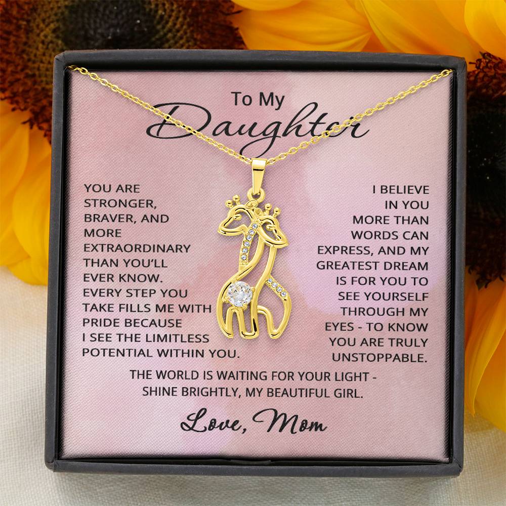 To My Daughter Necklace from Mom Daughter Gift for Christmas Birthday Giraffe Pendant Jewelry Stronger Braver