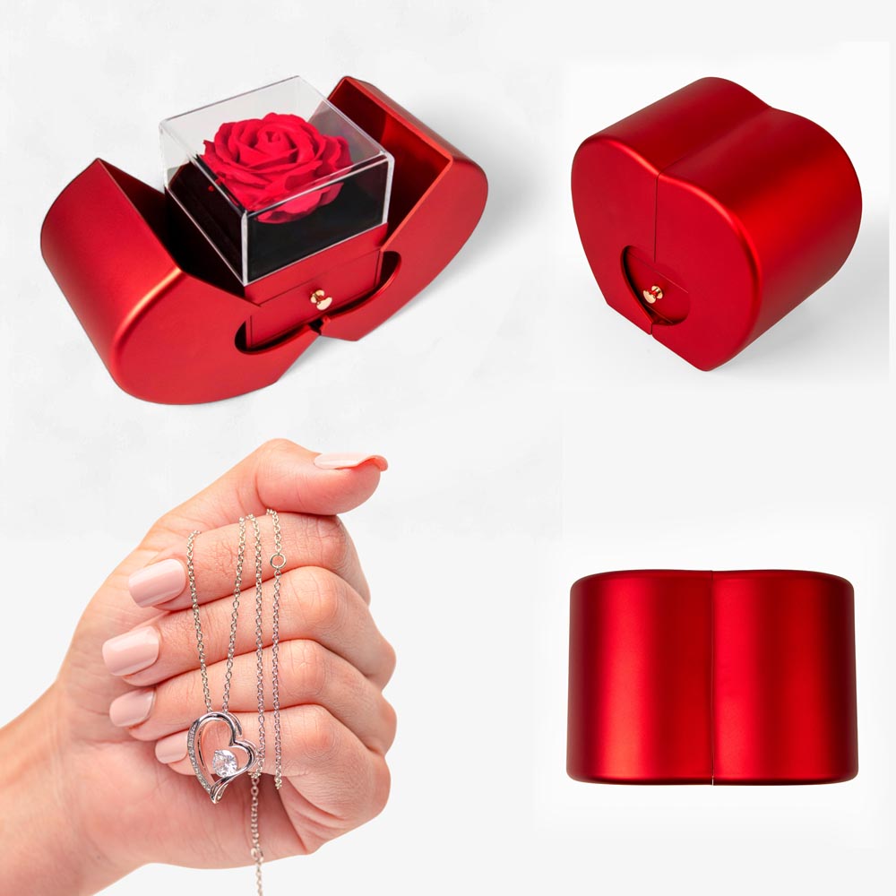 Preserved Red Real Rose with Heart Necklace, Valentine's Day or Anniversary Jewelry for Wife, Girlfriend - Love Pendant - Regalo para Mujer