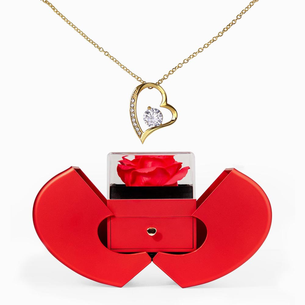 Preserved red real rose gift box with gold heart necklace for women