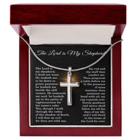 Load image into Gallery viewer, Stainless steel cross necklace for women in mahogany box with Psalm 23 The Lord Is My Shepherd card
