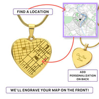 Load image into Gallery viewer, Heart-shaped pendant necklace with custom engraved map and personalized message on back, available in 18K gold or silver finish.
