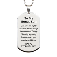 Load image into Gallery viewer, 1st Birthday Gifts for Bonus Son - 1st Birthday Dog Tag Necklace for Bonus Son - Stainless Steel – front view
