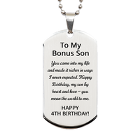 Load image into Gallery viewer, 4th Birthday Gifts for Bonus Son - 4th Birthday Dog Tag Necklace for Bonus Son - Stainless Steel – front view
