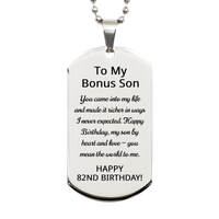 Load image into Gallery viewer, 82nd Birthday Gifts for Bonus Son - 82nd Birthday Dog Tag Necklace for Bonus Son - Stainless Steel – front view
