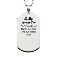 Load image into Gallery viewer, Bonus Son Dog Tag Necklace - Youve made our family stronger and our hearts fuller – front view

