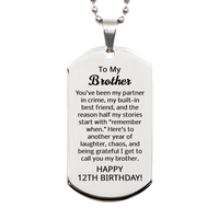 Load image into Gallery viewer, 12th Birthday Gifts for Brother - 12th Birthday Dog Tag Necklace for Brother - Stainless Steel – front view
