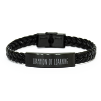 Load image into Gallery viewer, Teacher Bracelet Educator Gift Guidance Counselor Gift School Teacher Christmas Champion of Learning Bracelet Black Leather – front view
