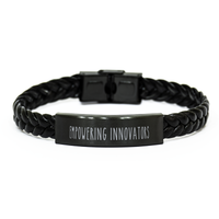 Load image into Gallery viewer, Teacher Bracelet Educator Gift Guidance Counselor Gift School Teacher Christmas Empowering Innovators Bracelet Black Leather – front view
