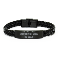 Load image into Gallery viewer, Teacher Bracelet Educator Gift Guidance Counselor Gift School Teacher Christmas Empowering Minds to Soar Bracelet Black Leather – front view
