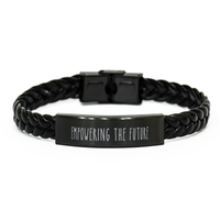 Load image into Gallery viewer, Teacher Bracelet Educator Gift Guidance Counselor Gift School Teacher Christmas Empowering the Future Bracelet Black Leather – front view
