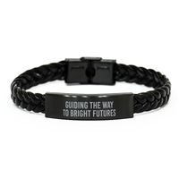 Load image into Gallery viewer, Teacher Bracelet Educator Gift Guidance Counselor Gift School Teacher Christmas Guiding the Way to Bright Futures Bracelet Black Leather – front view
