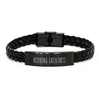 Load image into Gallery viewer, Inspiring Greatness Bracelet Teacher Bracelet Educator Guidance Counselor School Teacher Black Leather Bracelet – front view
