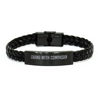 Load image into Gallery viewer, Leading with Compassion  Bracelet Teacher Bracelet Educator Guidance Counselor School Teacher Black Leather Bracelet – front view
