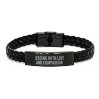 Load image into Gallery viewer, Leading with Love and Compassion Bracelet Teacher Bracelet Educator Guidance Counselor School Teacher Black Leather Bracelet – front view

