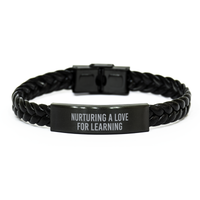 Load image into Gallery viewer, Nurturing a Love for Learning Bracelet Teacher Bracelet Educator Guidance Counselor School Teacher Black Leather Bracelet – front view
