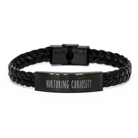 Load image into Gallery viewer, Nurturing Curiosity Bracelet Teacher Bracelet Educator Guidance Counselor School Teacher Black Leather Bracelet – front view

