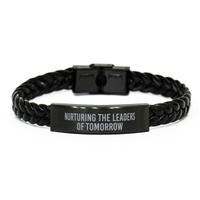 Load image into Gallery viewer, Nurturing the Leaders of Tomorrow Bracelet Teacher Bracelet Educator Guidance Counselor School Teacher Black Leather Bracelet – front view
