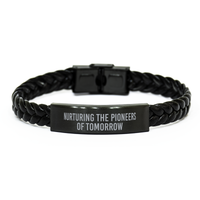 Load image into Gallery viewer, Nurturing the Pioneers of Tomorrow Bracelet Teacher Bracelet Educator Guidance Counselor School Teacher Black Leather Bracelet – front view

