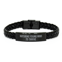 Load image into Gallery viewer, Nurturing Young Minds to Thrive Bracelet Teacher Bracelet Educator Guidance Counselor School Teacher Black Leather Bracelet – front view
