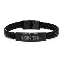 Load image into Gallery viewer, Unlocking Potential Bracelet Teacher Bracelet Educator Guidance Counselor School Teacher Black Leather Bracelet – front view
