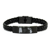 Load image into Gallery viewer, Alabama and Michigan Bracelet Long Distance Gift Men Women Him Her Relationships Black Leather Bracelet – front view
