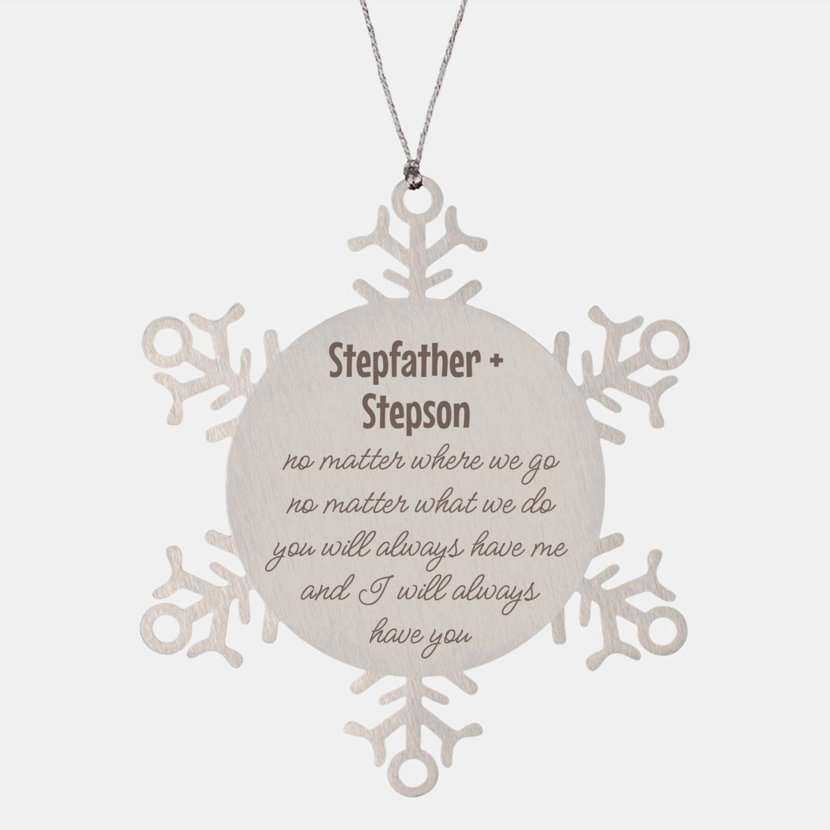 Stepfather and Stepson Christmas Ornament Gift Stainless Steel Snowflake Ornament – front view