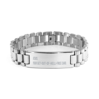 Load image into Gallery viewer, Jesus Your get-out-of-hell-free card Funny Mantra Bracelet, Christian Bracelet Stainless Steel – front view
