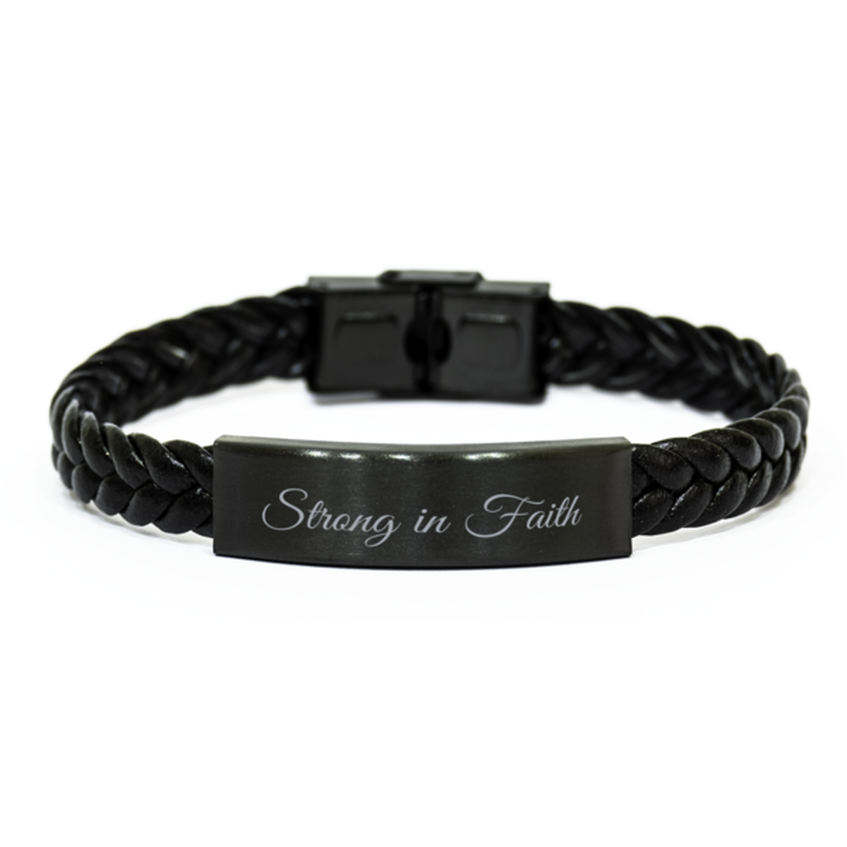 Strong in Faith Bracelet Braided Leather Christian Gift for Him Her
