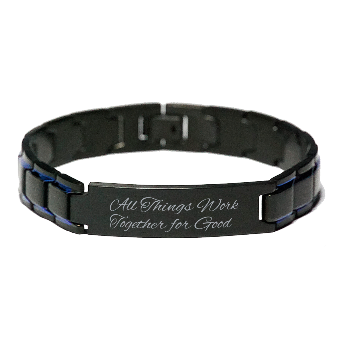 Romans 8:28 Bracelet for Men - Black Stainless Steel Christian Bracelet - All Things Work Together for Good