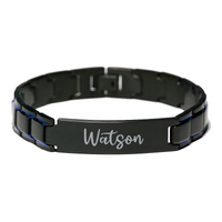Load image into Gallery viewer, Black finish adjustable link bracelet personalized with the name Watson in premium gift packaging
