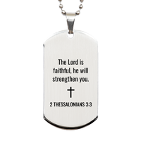 Load image into Gallery viewer, 2 Thessalonians 3 3 Dog Tag Necklaces - 2 Thessalonians 3:3 Necklace for Men – front view
