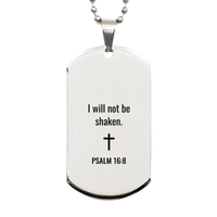 Load image into Gallery viewer, "I Will Not Be Shaken" Necklace – Psalm 16:8 Dog Tag – Silver Finish

