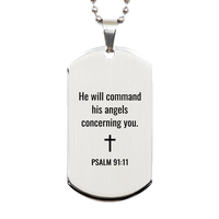 Load image into Gallery viewer, Psalm 91:11 Dog Tag Necklace – He Will Command His Angels Concerning You – Silver Finish

