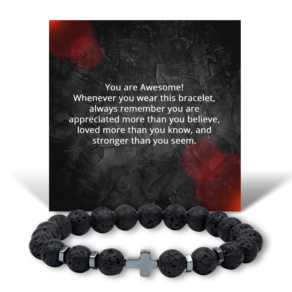 Lava Rock Bracelet for Women, Cross Bracelet for Christians, Encouragement Gifts for Him, Christmas Gifts for Her – front view