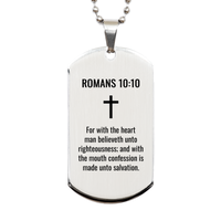 Load image into Gallery viewer, Romans 10:10 Dog Tag Necklace - For with the heart man believeth unto righteousness – front view

